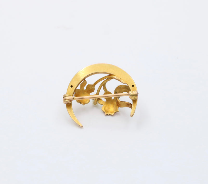 Art Nouveau Krementz 14K Gold and Enamel Crescent and Lotus Flower Pin