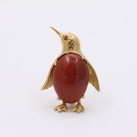 Vintage 18K Gold and Jasper Penguin Brooch, Italian Bird Pin