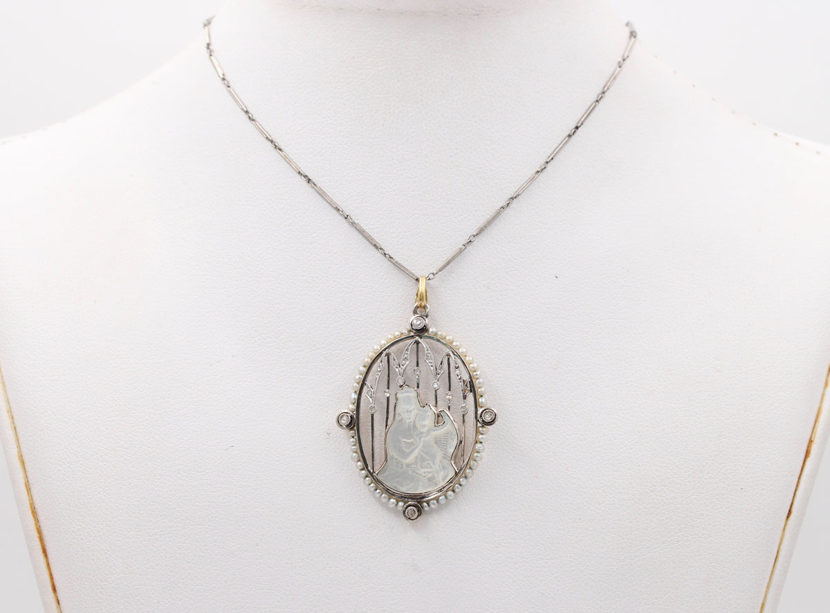 Art Deco Platinum 18K Gold, Diamond, Mother-of-Pearl Mother and Child Pendant, Necklace
