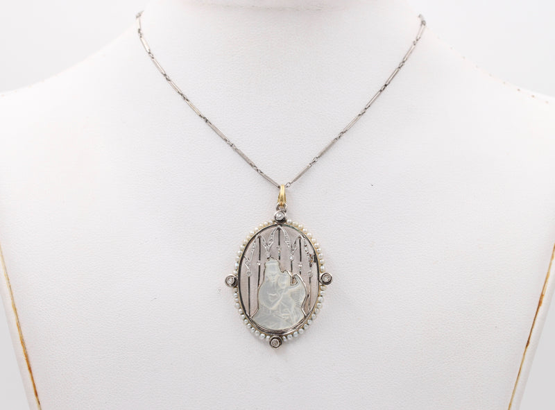 Art Deco Platinum 18K Gold, Diamond, Mother-of-Pearl Mother and Child Pendant, Necklace