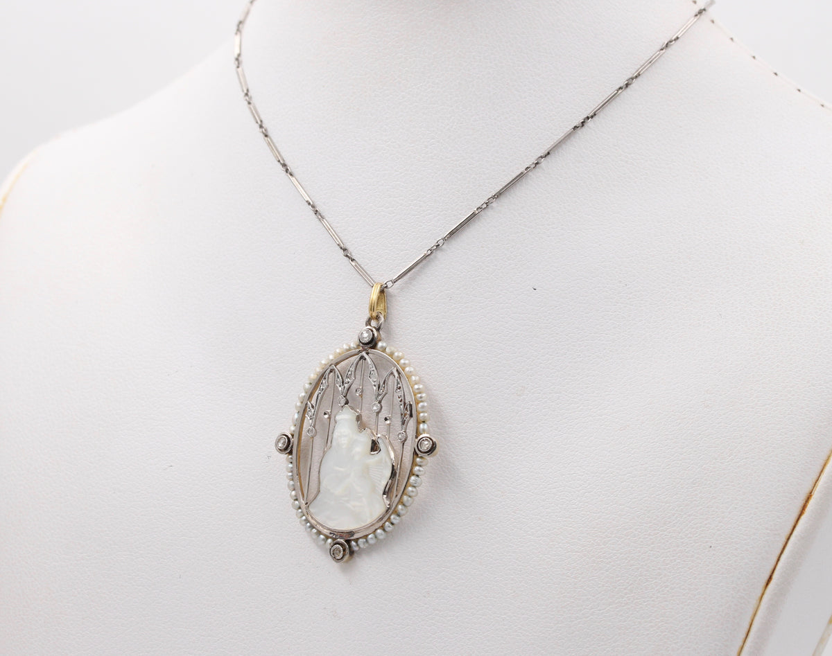 Art Deco Platinum 18K Gold, Diamond, Mother-of-Pearl Mother and Child Pendant, Necklace