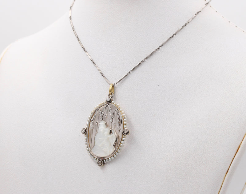 Art Deco Platinum 18K Gold, Diamond, Mother-of-Pearl Mother and Child Pendant, Necklace