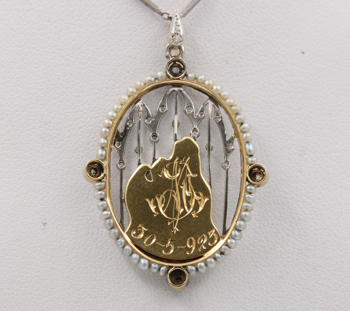 Art Deco Platinum 18K Gold, Diamond, Mother-of-Pearl Mother and Child Pendant, Necklace