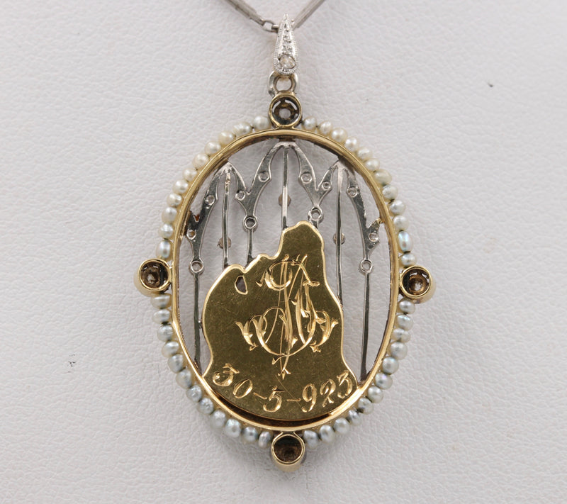 Art Deco Platinum 18K Gold, Diamond, Mother-of-Pearl Mother and Child Pendant, Necklace
