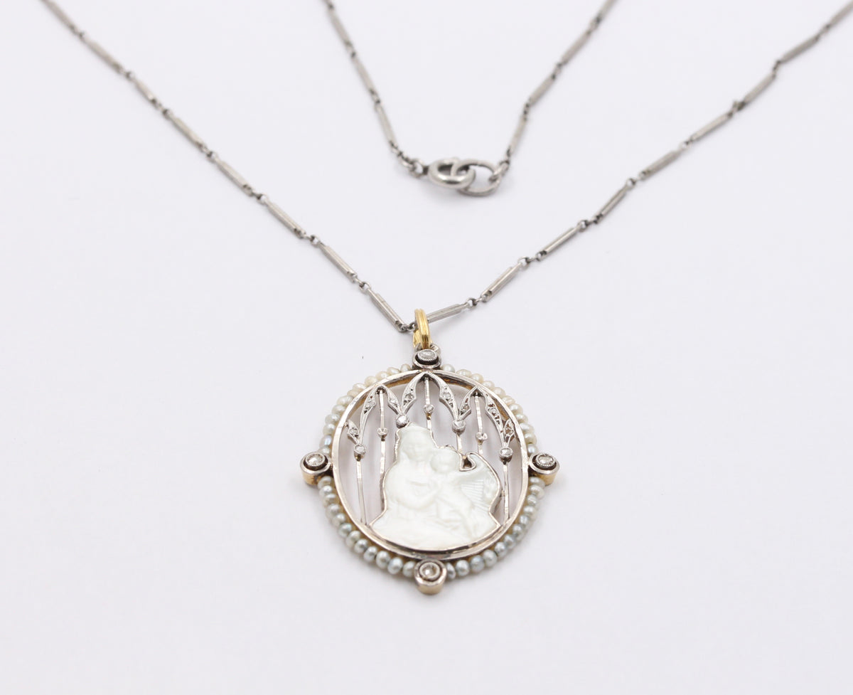 Art Deco Platinum 18K Gold, Diamond, Mother-of-Pearl Mother and Child Pendant, Necklace