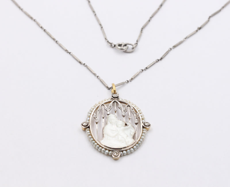Art Deco Platinum 18K Gold, Diamond, Mother-of-Pearl Mother and Child Pendant, Necklace