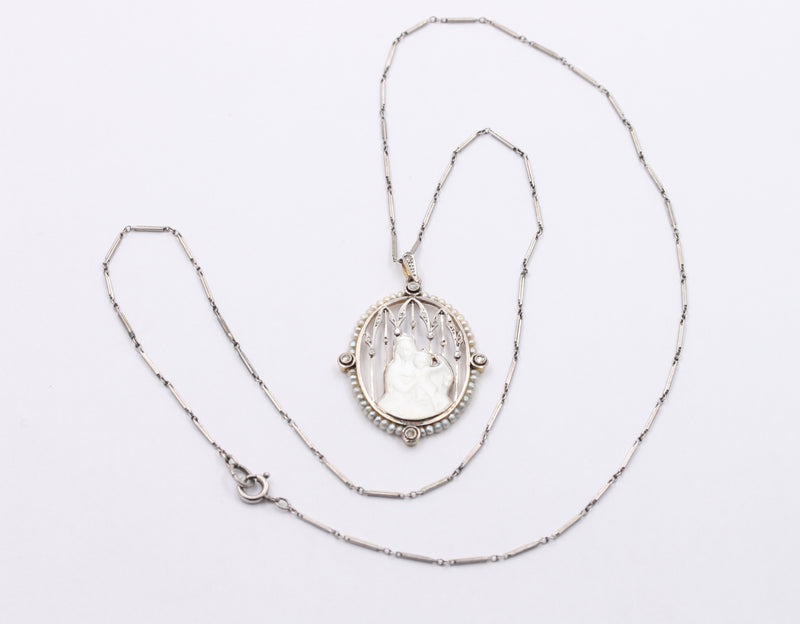 Art Deco Platinum 18K Gold, Diamond, Mother-of-Pearl Mother and Child Pendant, Necklace