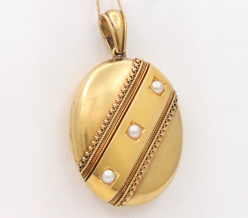 Large Victorian 18K Gold and Split Pearl Locket, Antique Pendant