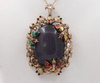 Large Victorian 14K Gold Goldstone, 2.5 Carat Diamond, Enamel Butterfly Flower Pendant, Antique Brooch