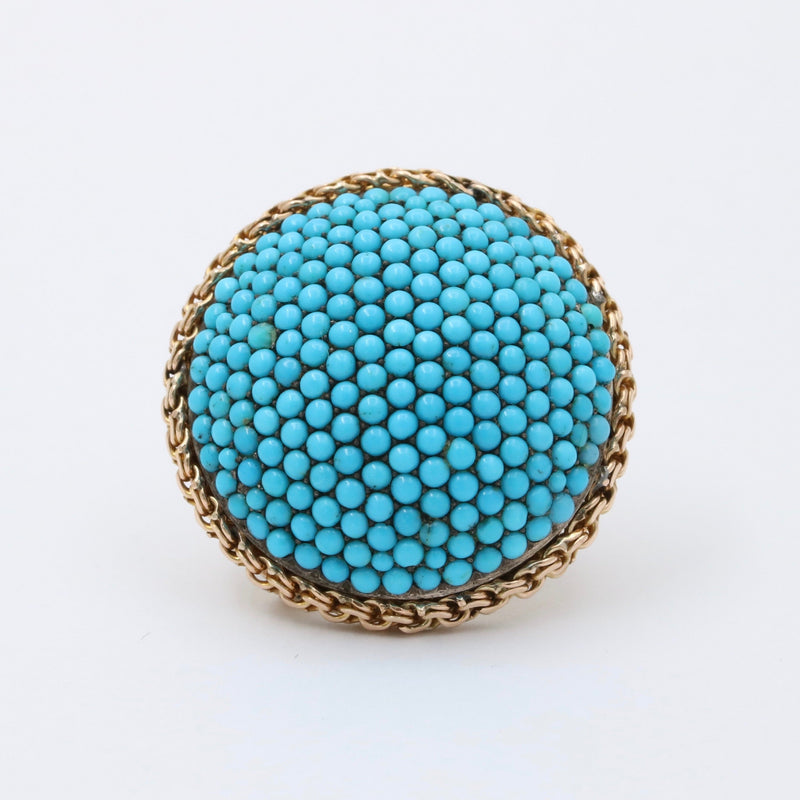 Victorian 14K Gold and Silver Pave Turquoise Dome Shaped Brooch, Antique Pin