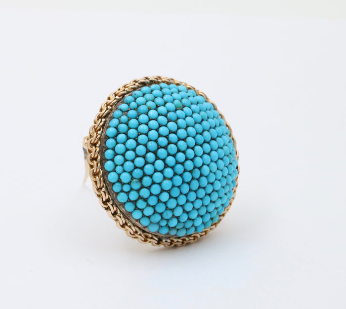 Victorian 14K Gold and Silver Pave Turquoise Dome Shaped Brooch, Antique Pin