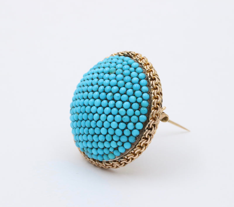 Victorian 14K Gold and Silver Pave Turquoise Dome Shaped Brooch, Antique Pin
