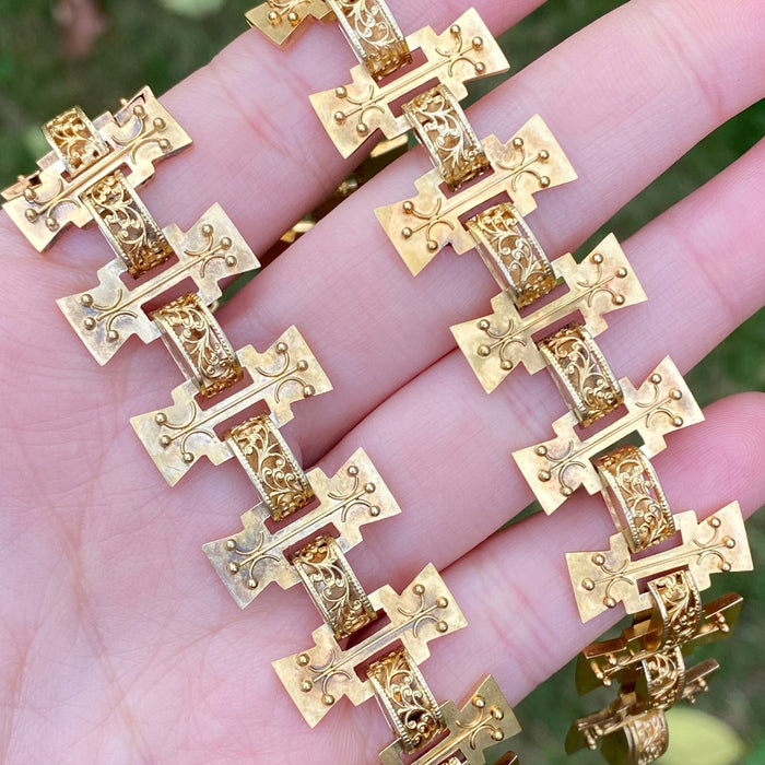 Victorian Etruscan Revival 16K Gold Collar, 18” Long Necklace