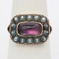 Victorian Closed Back Garnet and Split Pearl 10K Gold Mourning Ring