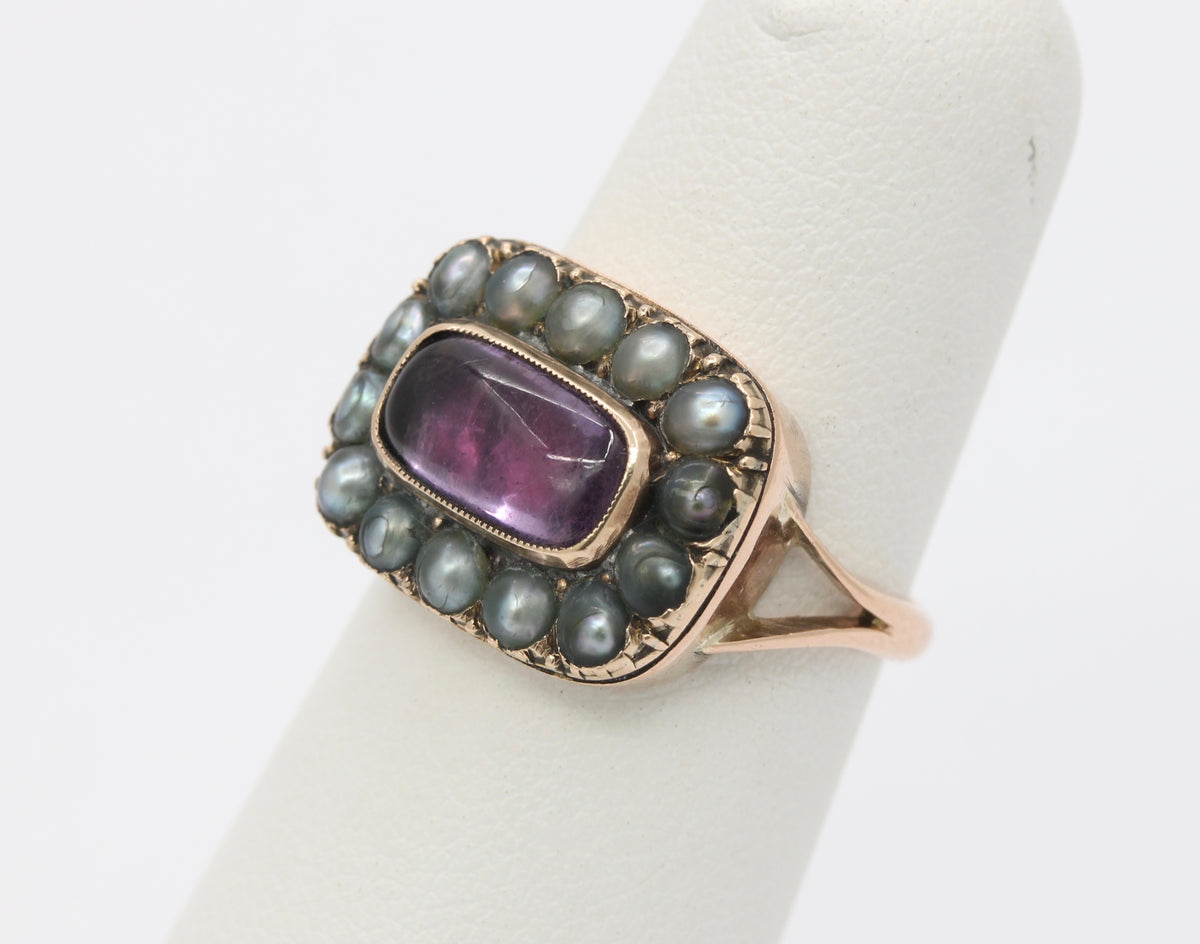 Victorian Closed Back Garnet and Split Pearl 10K Gold Mourning Ring