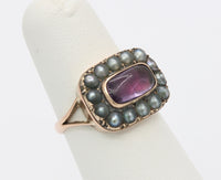 Victorian Closed Back Garnet and Split Pearl 10K Gold Mourning Ring