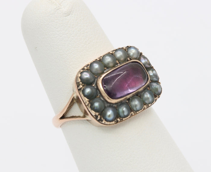 Victorian Closed Back Garnet and Split Pearl 10K Gold Mourning Ring