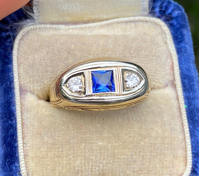 Art Deco Three Stone Diamond and Sapphire 14K Gold Sapphire Ring