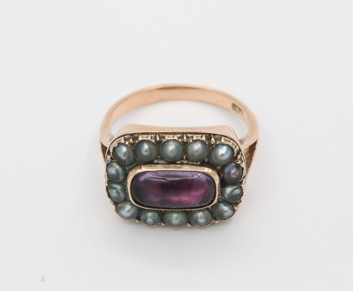 Victorian Closed Back Garnet and Split Pearl 10K Gold Mourning Ring