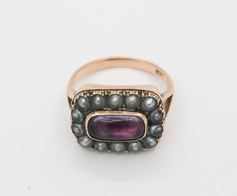 Victorian Closed Back Garnet and Split Pearl 10K Gold Mourning Ring