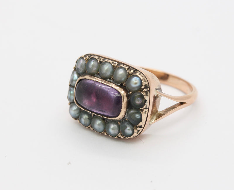 Victorian Closed Back Garnet and Split Pearl 10K Gold Mourning Ring