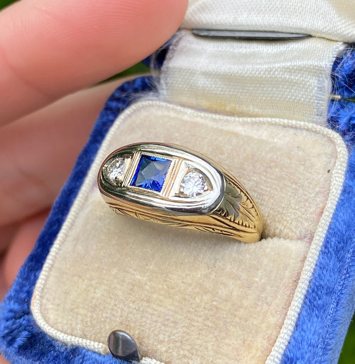 Art Deco Three Stone Diamond and Sapphire 14K Gold Sapphire Ring