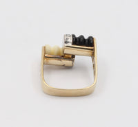 Vintage 14K Gold Onyx and Bone, Diamond Bypass Ring, Funky Statement