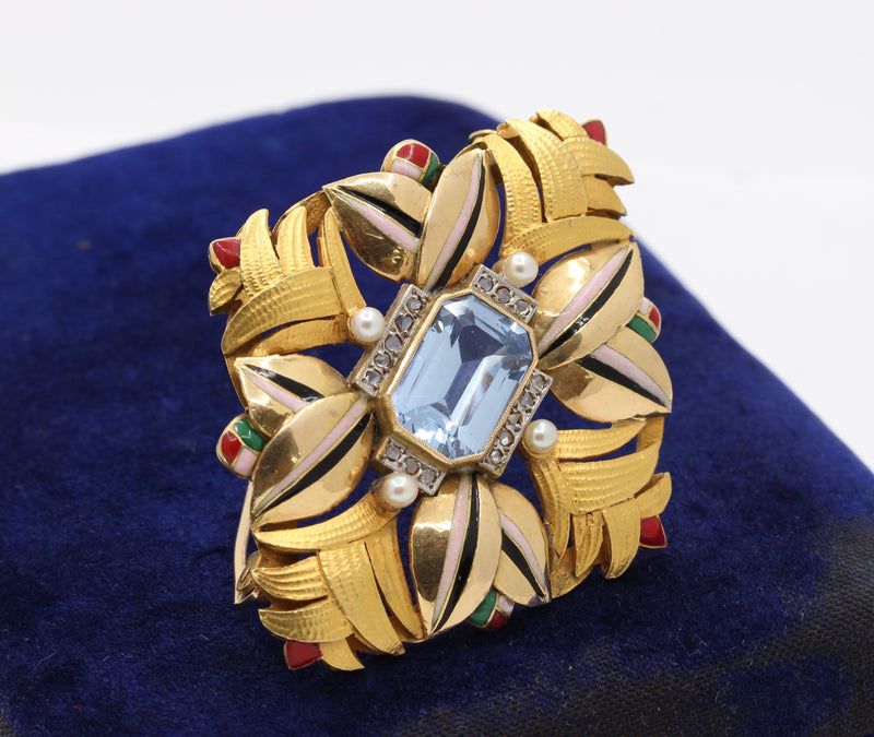 Art Deco 18K Gold Natural Spinel Diamond and Enamel Geometric Brooch - alpha-omega-jewelry