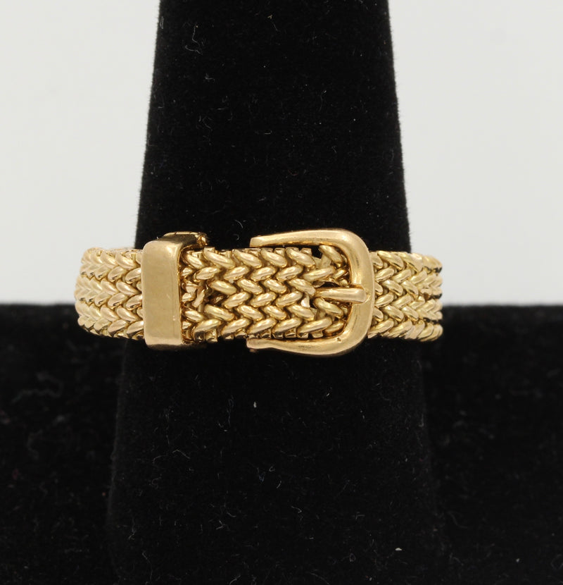 Vintage French 18K Gold Mesh Buckle Band, Size 10 Stacking Ring