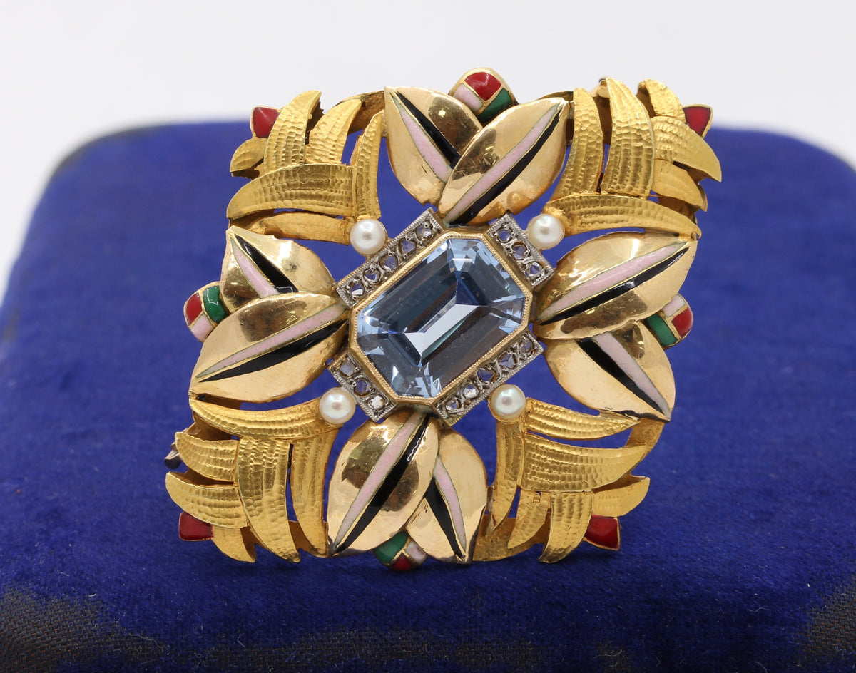 Art Deco 18K Gold Natural Spinel Diamond and Enamel Geometric Brooch - alpha-omega-jewelry