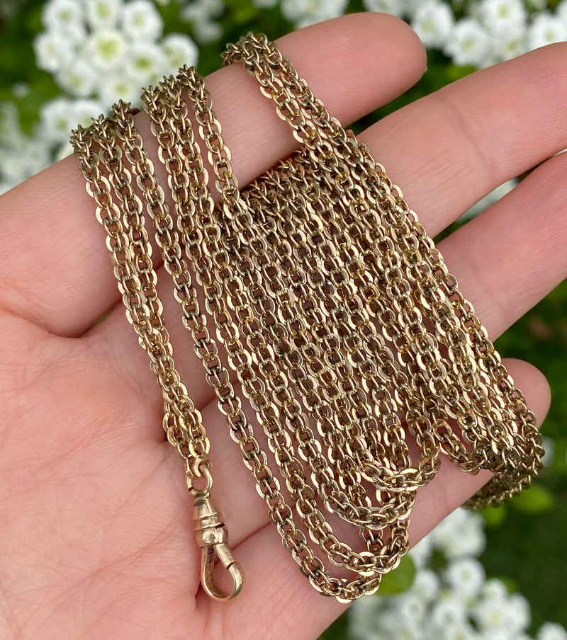 Victorian 14K Gold Open Link Longuard Chain, 54” Long