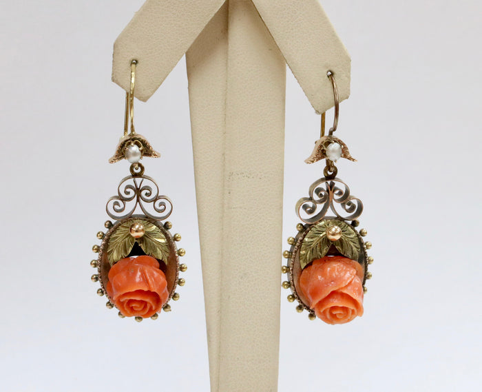 Victorian Carved Coral Rose 18K Gold Drop Dangling Antique Earrings