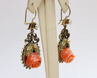 Victorian Carved Coral Rose 18K Gold Drop Dangling Antique Earrings