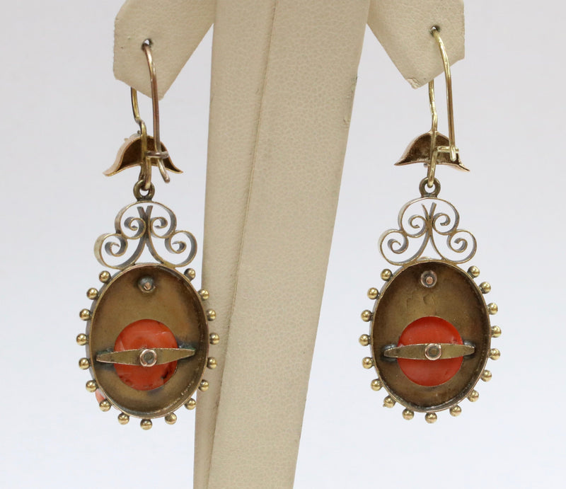 Victorian Carved Coral Rose 18K Gold Drop Dangling Antique Earrings