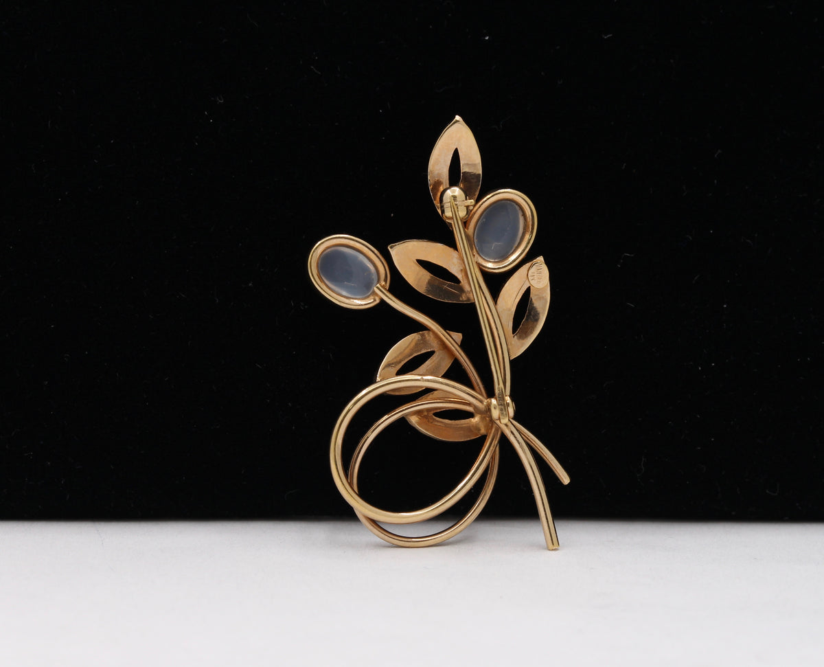 Vintage 14K Gold and Moonstone Abstract Floral Pin - alpha-omega-jewelry