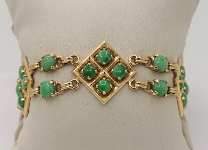 Vintage 14K Gold Link and Green Jade Bohemian Style Stacking Bracelet