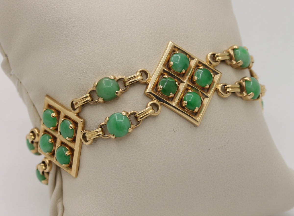 Vintage 14K Gold Link and Green Jade Bohemian Style Stacking Bracelet