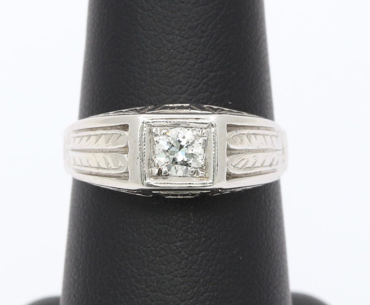 Art Deco Diamond and 14K White Gold Unisex Band Engagement Ring