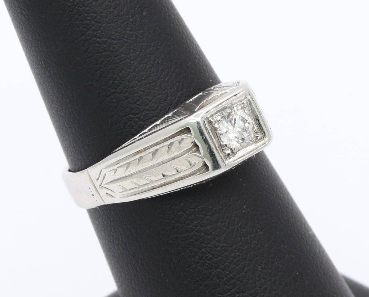 Art Deco Diamond and 14K White Gold Unisex Band Engagement Ring