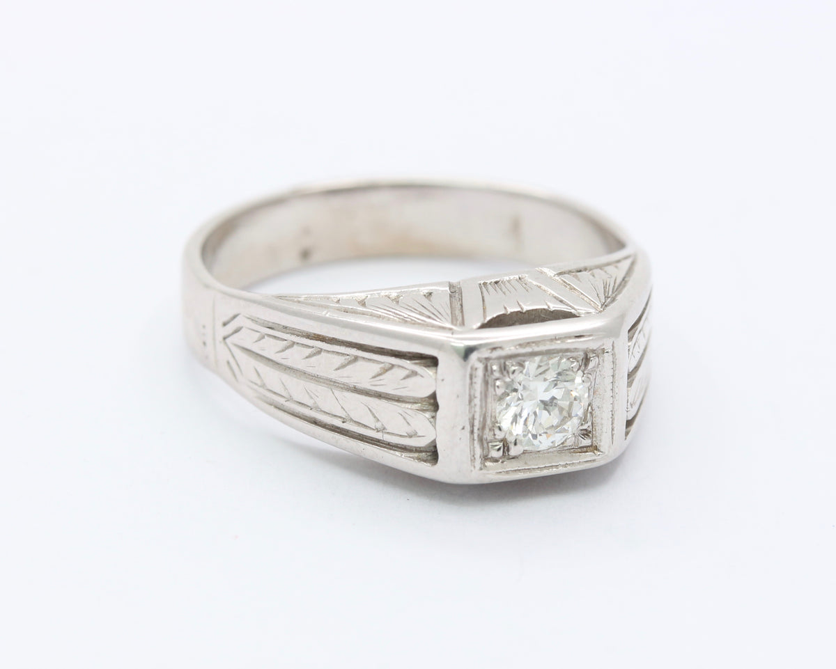 Art Deco Diamond and 14K White Gold Unisex Band Engagement Ring