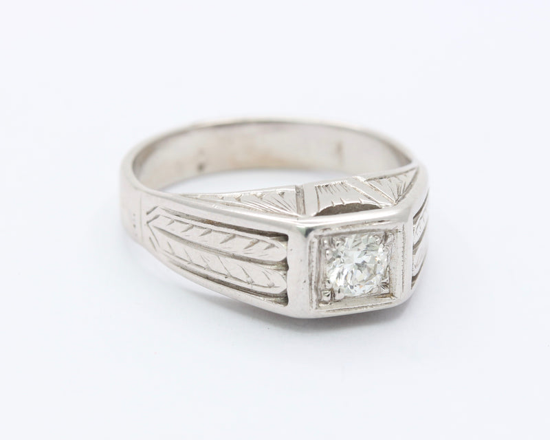 Art Deco Diamond and 14K White Gold Unisex Band Engagement Ring