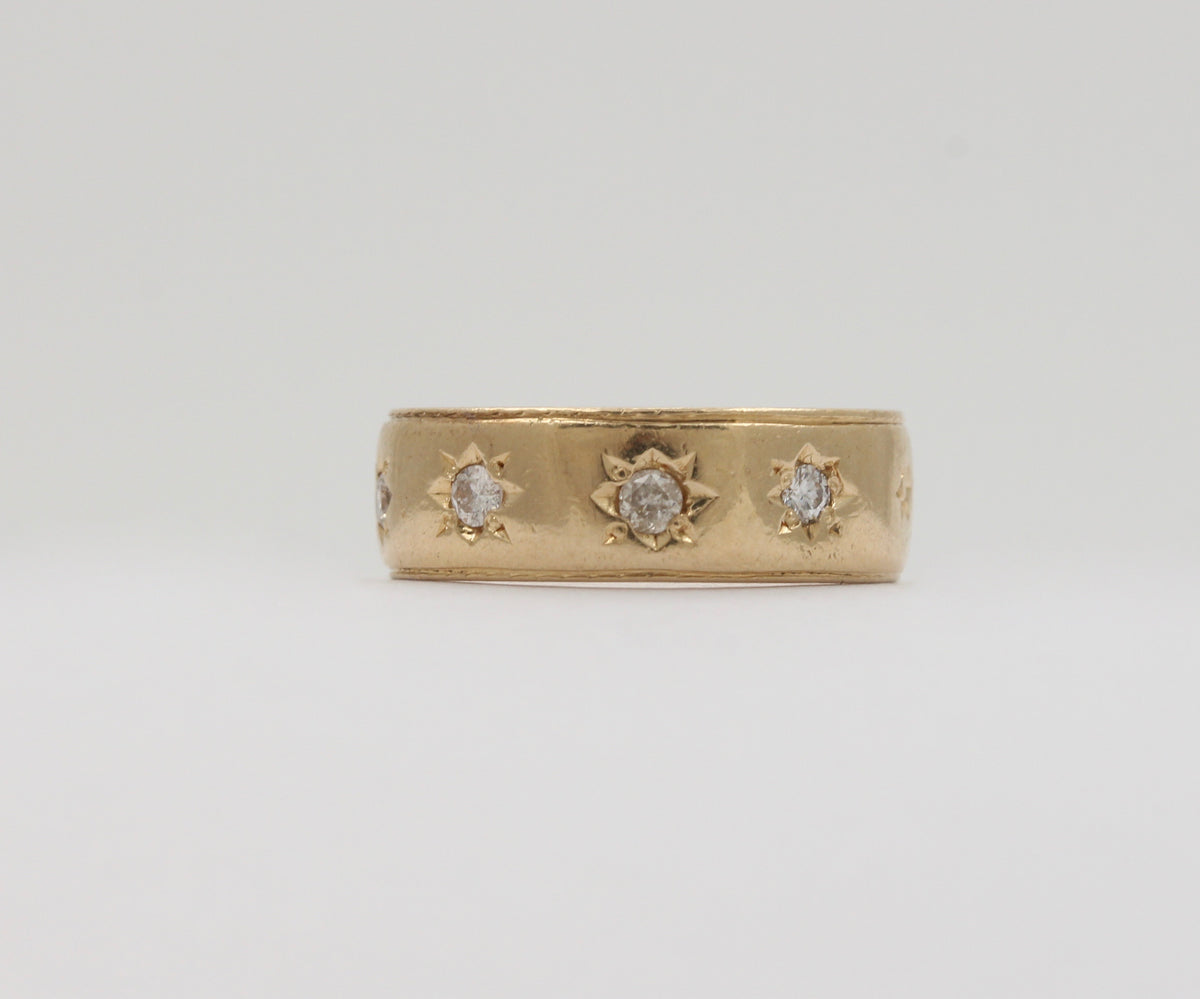 Vintage 14K Gold Four Stone Diamond Star Stacking Band, Wedding Anniversary Ring