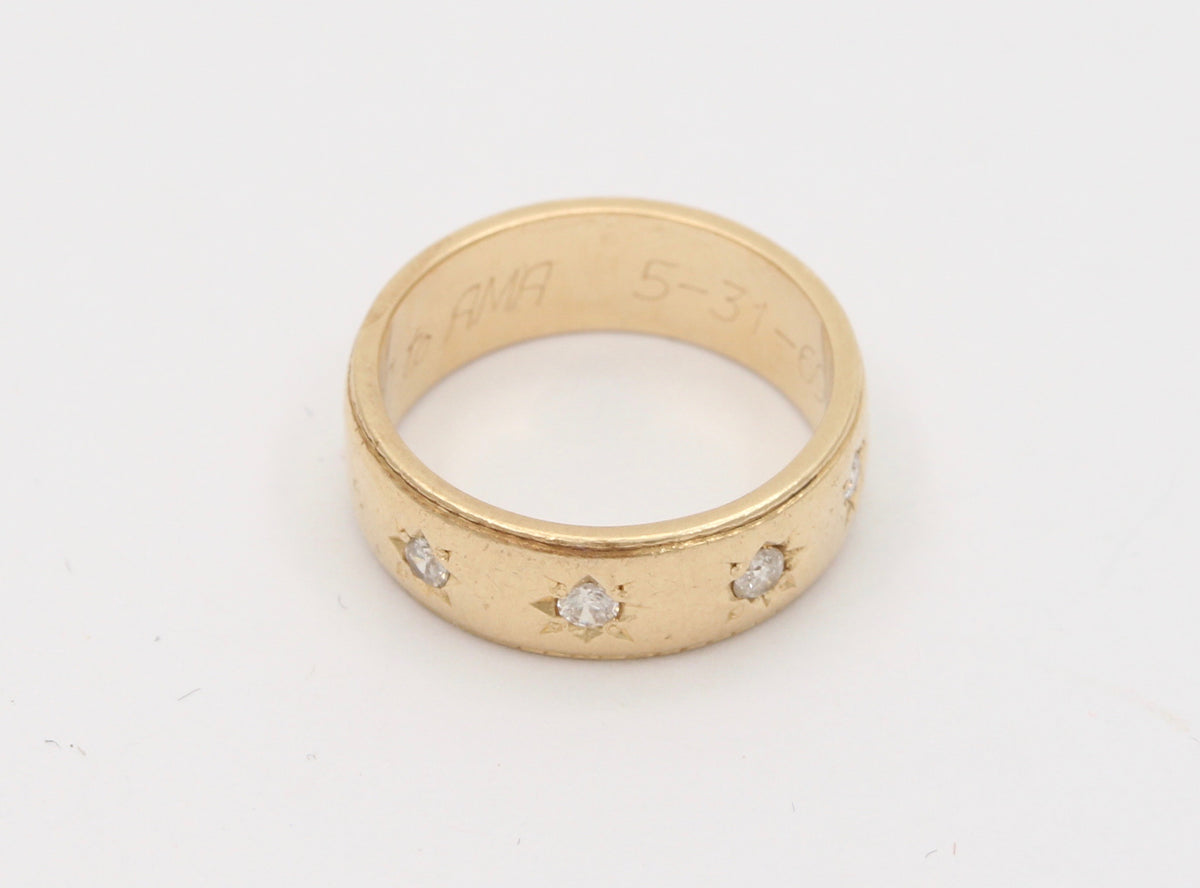 Vintage 14K Gold Four Stone Diamond Star Stacking Band, Wedding Anniversary Ring