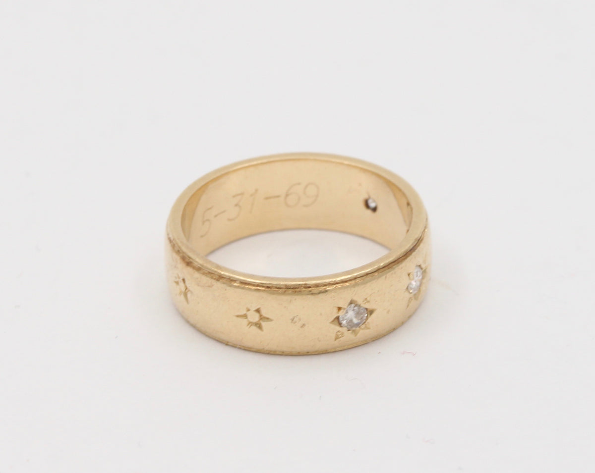 Vintage 14K Gold Four Stone Diamond Star Stacking Band, Wedding Anniversary Ring