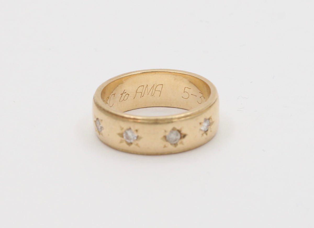 Vintage 14K Gold Four Stone Diamond Star Stacking Band, Wedding Anniversary Ring