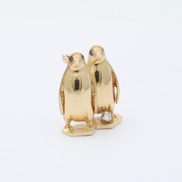 Vintage 14K Gold, Diamond, and Sapphire Pair of Penguins Brooch, Pin