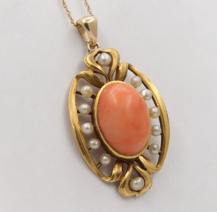 Art Nouveau 14K Gold Angel Skin Coral and Pearl Pendant, Antique Charm Conversion