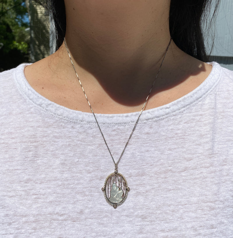 Art Deco Platinum 18K Gold, Diamond, Mother-of-Pearl Mother and Child Pendant, Necklace