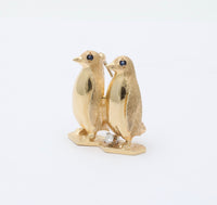 Vintage 14K Gold, Diamond, and Sapphire Pair of Penguins Brooch, Pin