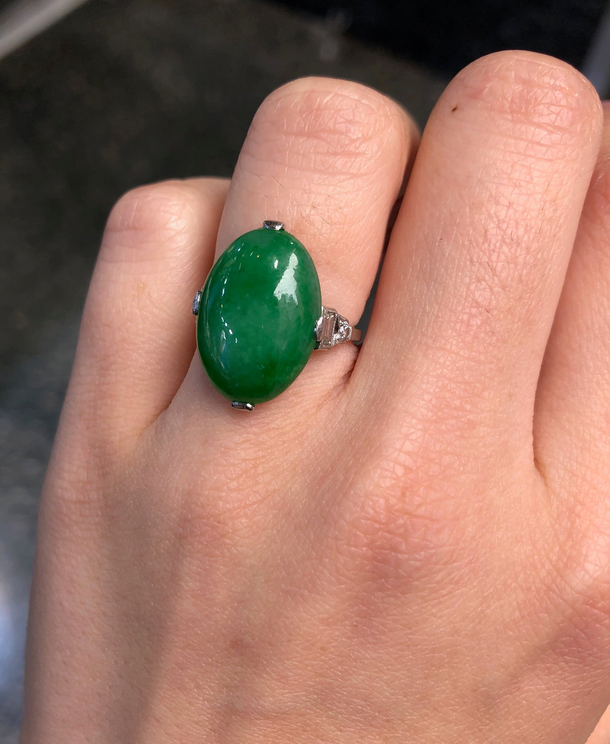 Art Deco GIA Certified “A” Jadeite Jade Platinum and Diamond Ring - alpha-omega-jewelry